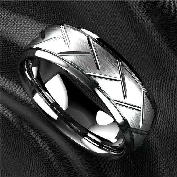 New Mens Stainless Steel (Titanium Fake) Silver Simple Fashion Ring (Tire Track) - Picture 2 of 6